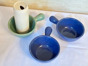 lot 390 image: Three Vintage Crock Soup Bowls with Handles and Soda Can Shaped Pottery Piece