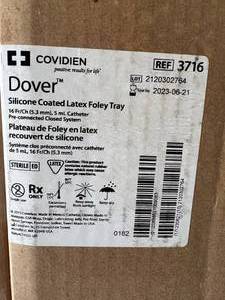 lot 99 image: MSRP $360  4 Cases (10cs) Covidien Dover 3716 Silicone Coated Latex Foley Tray -&nbsptrays feature a 5 cc Dover latex Foley catheter which is pre-connected to a Dover 2000 mL drainage bag Expiration 623
