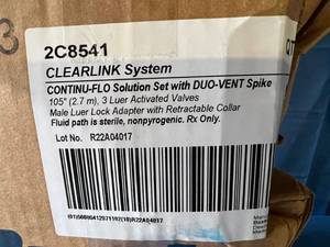 lot 59 image: MSRP $700  2 Cases (48cs) BAXTER 2C8541 CLEARLINK System CONTINU-FLO Solution Set with DUO-VENT Spike - Box Damaged On Side