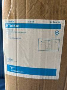 lot 66 image: MSRP $600  1 Case (100cs) Cardinal Health C3660CBS SP Disposable&nbspLab Coats - Lab Coat, Knee Length, Snap Down, Heavy Weight With Knit Collar & Pockets, Ceil Blue, Size S - No Expiration