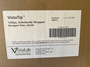 lot 69 image: MSRP $1800  2 Cases (2000cs) VistaLab VistaTip 1250 Sterile Pyrogen Free Disposable Polypropylene Individually Wrapped Pipette Tips No Expiration