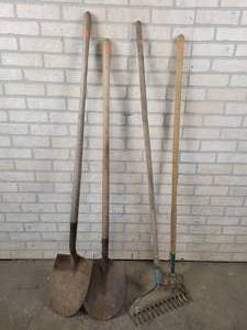 lot 743 image: (2) Spades, rake and Cultivator - NO SHIPPING