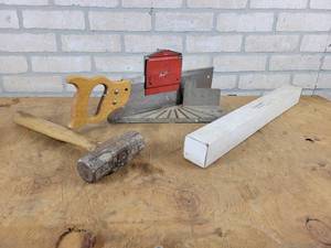 lot 765 image: Stanley Miter Saw & Box, Maul and Compost Thermometer