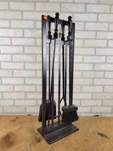 lot 821 image: Fireplace Tool Set on Steel Stand - Broom, Shovel, Tongs and Poker - NO SHIPPING