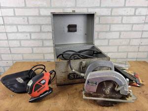 lot 847 image: Vintage STANLEY Circular Saw in Case w Many Blades  Black & Decker Mouse finish Sander