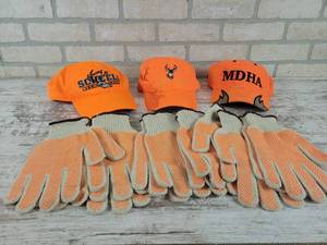 lot 853 image: (3) Blaze Orange Caps and (6) New Pairs of Gloves