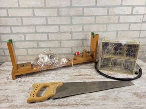 lot 869 image: Fishing Rod Eyelet Threader, Hand Saw and Parts Cabinet - NO SHIPPING