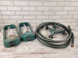 lot 877 image: (3) Lawn Sprinklers and (2) Short Sections of Garden Hose - NO SHIPPING