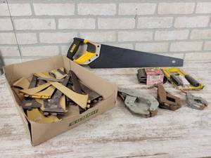 lot 905 image: DeWalt Hand Saw, (3) KANT-TWIST Clamps, Shelf Brackets and More - NO SHIPPING