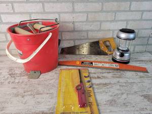 lot 921 image: 23 Paint Guide, Saw, Electric Lantern (Works) and Bucket - NO SHIPPING