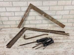 lot 961 image: CHESCO Screwdrivers, (3) Framing Squares and Prybar - NO SHIPPING