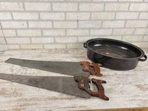 lot 976 image: (2) Handsaws and Granite Roaster - NO SHIPPING