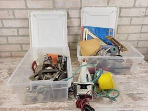 lot 1005 image: (2) Totes of Assorted Garage Misc., C-Clamps and More - NO SHIPPING