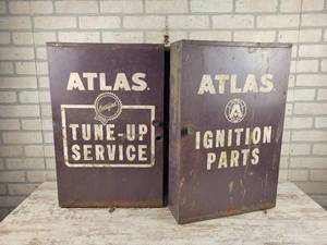 lot 1010 image: Vintage ATLAS Ignition Parts Service Garage Cabinet - NO SHIPPING