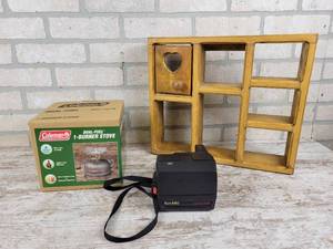 lot 1020 image: NEW Coleman Duel-Fuel 1-Burner Stove Model No. 533A700, Wood Shelf and Polaroid SUN660 Camera - NO SHIPPING