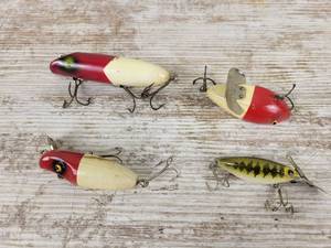 lot 1033 image: Antique Fishing Lures and More - South Bend BASS-ORENO Wood Lure, HOPALONG Arnold Tackle Corp., JC Higgins and Storm Lures