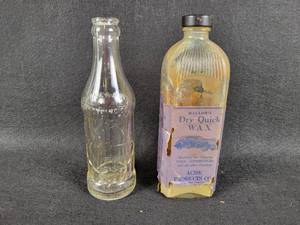 lot 163 image: 1948 Blue Wing Brand Glass Soda Bottle - Minneapolis, MN (Owens-Illinois Glass Bottle) and Mallows Quick Dry Wax Bottle - (Anchor Hocking Bottle)