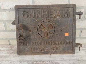 lot 194 image: Sunbeam Cast Iron Furnace Door - The Fox Furnace Co. Elyria, Ohio