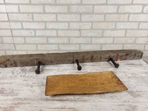 lot 197 image: Primitive Railroad Spike Coat Rack and Hand Carved Wood Serving Platter - NO SHIPPING