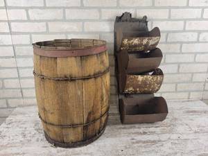 lot 302 image: Antique Elevator Bucket Set and Vintage Nail Keg - NO SHIPPING