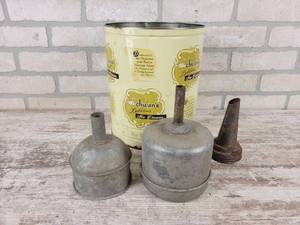 lot 364 image: Vintage Tin Schwans Ice Cream Can, (2) Galvanized funnels and Oil Bottle Top