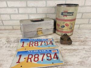 lot 367 image: Antique Match Box, Hiland Potato Chip Can, Aluminum Toolbox and Nebraska License Plates - NO SHIPPING