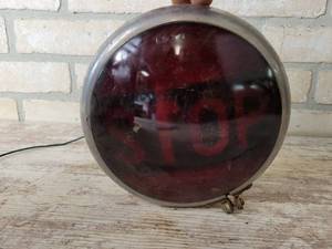 lot 368 image: Vintage Glass Lens STOP Taillight in Steel Housing - Approx. 7 Diameter Overall