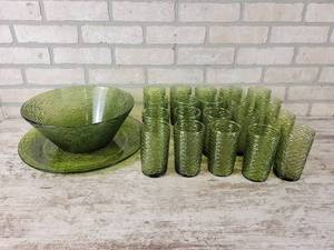 lot 387 image: (20) 1960s Anchor Hocking Avocado Green Glass Tumblers, Platter and Punch Bowl - NO SHIPPING