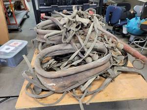 lot 467 image: Large Lot of Antique Leather Horse Tack, Steel Hames with Brass ends, Collars and Yokes - NO SHIPPING