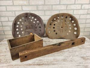 lot 468 image: (2) Antique Stamped Steel TractorImplement Seats, KEEN KUTTER 30 Wood Level and Crate - NO SHIPPING