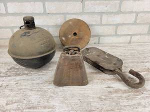 lot 479 image: Vintage Highway Torch Flare, Cowbell and Pulleys - NO SHIPPING