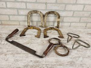 lot 487 image: Antique Draw Knife, Hay Hooks and Horseshoes