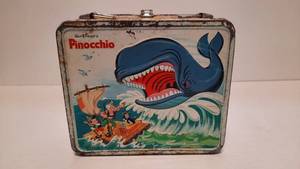 lot 64 image: Vintage 1971 Walt Disney Pinocchio Steel Lunch Box - Missing Handle & Thermos