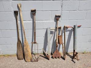 lot 134 image: (3) Antique Hand Seeders, (2) Oars and More - NO SHIPPING