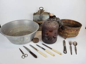 lot 146 image: Lot of Vintage Goodies - 1 Gallon A&W Root Beer Bottle, Copper Planter, Aluminum Pan, Flatware, and More