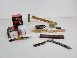 lot 153 image: Lot of Vintage Items - Straight Razor, CANTOP Ashtrays, Floating Fish Knives, and More