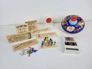 lot 154 image: Lot of Vintage Childrens Toys and Games - Electronic Basketball, Duncan Butterfly Yo-Yo, Ohio Art Tin Litho Top, and More