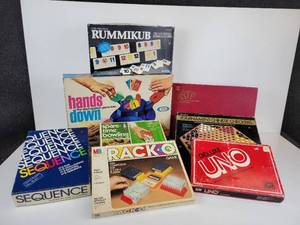 lot 201 image: Lot of (8) Vintage Board Games - Hands Down, Scrabble RSVP, Deluxe UNO, Rummikub, and More