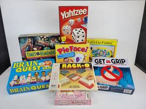 lot 202 image: Lot of (8) Board Games - Yahtzee, Lets Go Fishin, Pie Face, and More