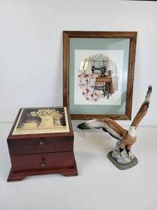 lot 217 image: Jewelry Box, Framed and Matted Cross Stitch image, and Eagle Sculpture