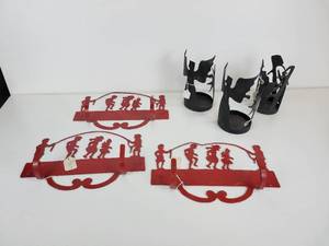 lot 244 image: Lot of (3) Double Hook Wall Hangers and (3) Candle Holders - Made by Arnie Lillos Creations