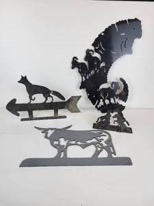 lot 246 image: Lot of (4) Custom Pieces by Arnie Lillos Creations - Mountain Goat Silhouette, Fox Arrow, Horse Napkin Holder, and Bull Silhouette