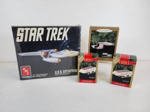 lot 266 image: Star Trek Lot - (3) Hallmark Keepsake Ornaments and NEW in Sealed Package AMT Model of the USS Enterprise