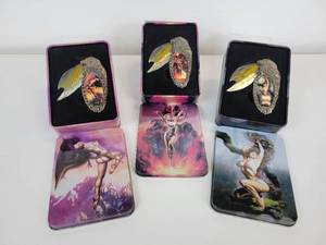 lot 412 image: Lot of (3) Boris Vallejo Werewolf Fantasy Girl Collectors Knives with Tin Storage Boxes