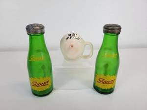 lot 417 image: Pair of Vintage Squirt Soda Bottle Salt & Pepper Shakers and a Little Mini Sipper Cream Pitcher