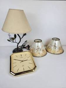 lot 446 image: Table Lamp with (2) Vintage Shades and Gold-Toned Wall Clock - NO SHIPPING