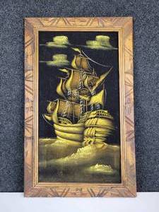 lot 456 image: Black Velvet Painting of a Ship on the Sea - Marked Mexico on Back - NO SHIPPING