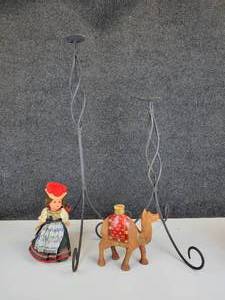 lot 458 image: Lot of Home Dcor - Candle Stands, Camel Candle Holder, and Vintage Doll on Stand - NO SHIPPING
