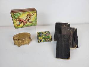 lot 491 image: Lot of Vintage TrinketJewelry Boxes, German Hymnals, and Old Pocket Dictionary