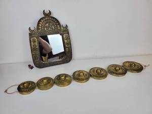 lot 528 image: Brass Indian-Style Mirror with Brass Medallion Wall Dcor